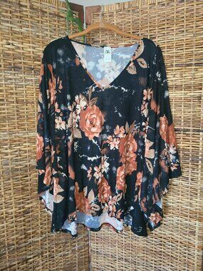 Sew In Love Women's L Black & Rust Brown Floral Top Kimono Sleeve